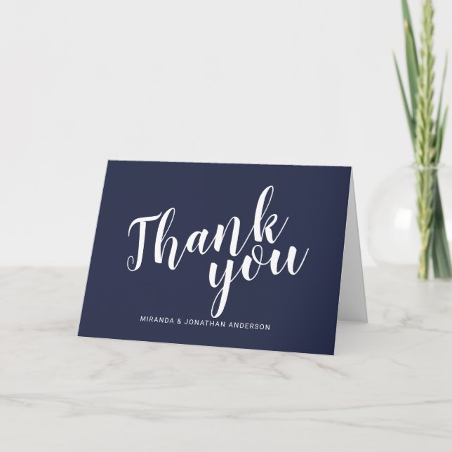 Modern Script Navy Blue Wedding Thank You (Front)
