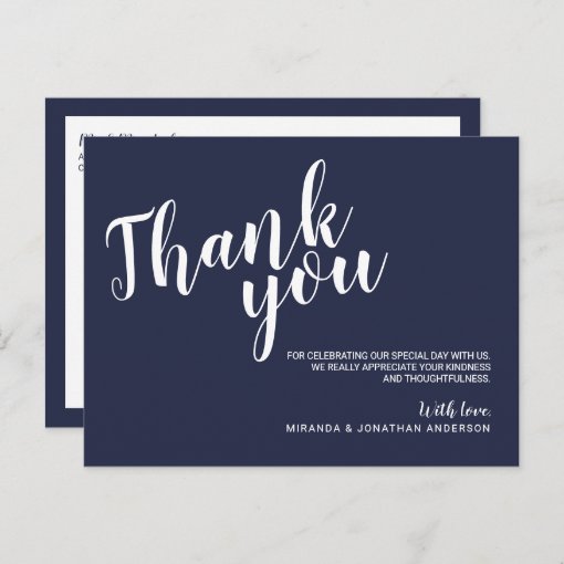 Modern Script Navy Blue Wedding Thank You Postcard | Zazzle