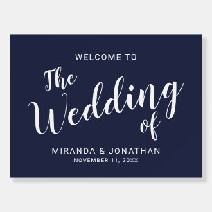 Modern Script Navy Blue Wedding Welcome Sign