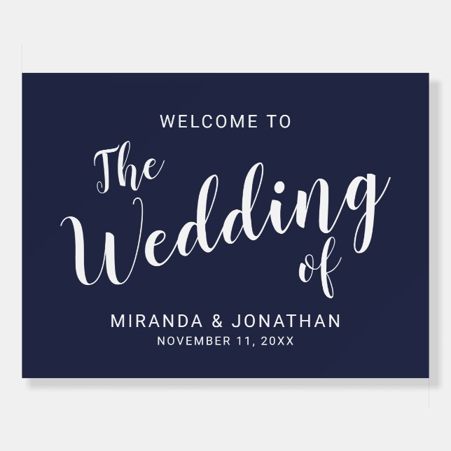Modern Script Navy Blue Wedding Welcome Sign (Front)