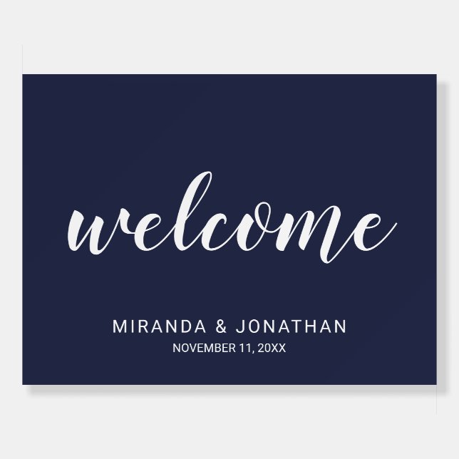 Modern Script Navy Blue Wedding Welcome Sign (Front)