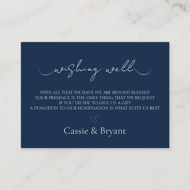 Modern Script Navy Blue Wedding Wishing Well Enclosure Card (Front)