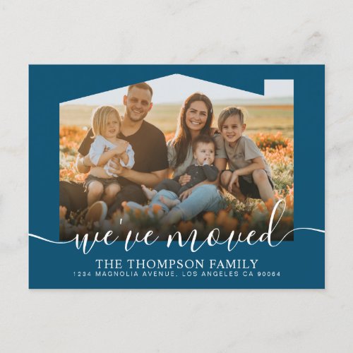 Modern Script Navy Blue Weve Moved Photo Moving Announcement Postcard