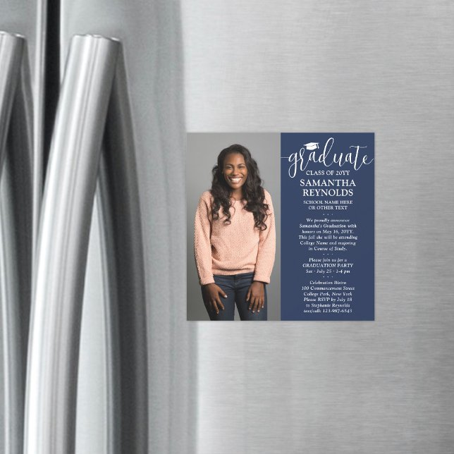 Modern Script Navy Blue & White 1 Photo Graduation Magnetic Invitation (Creator Uploaded)
