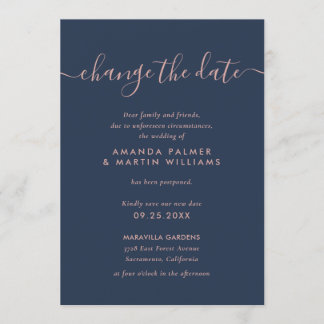 Modern Script Navy Blush Change The Date Wedding Invitation