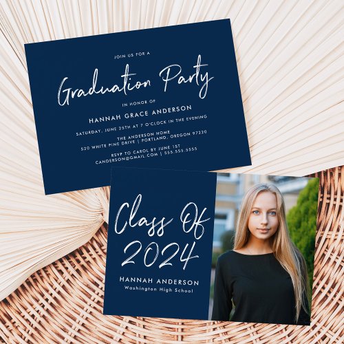 Modern Script Navy Class of 2024 Graduation Party Invitation