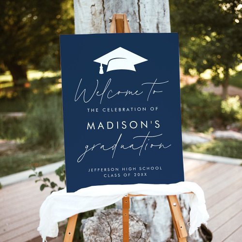 Modern Script Navy Graduation Party Welcome Sign