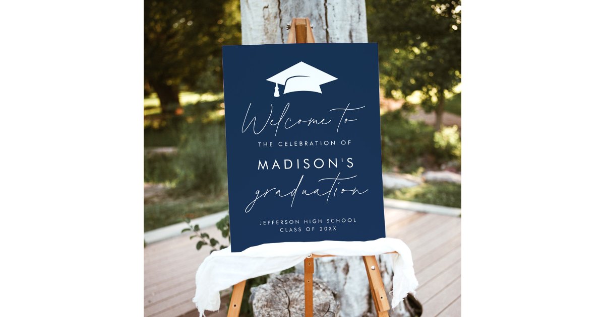 Modern Script Navy Graduation Party Welcome Sign | Zazzle