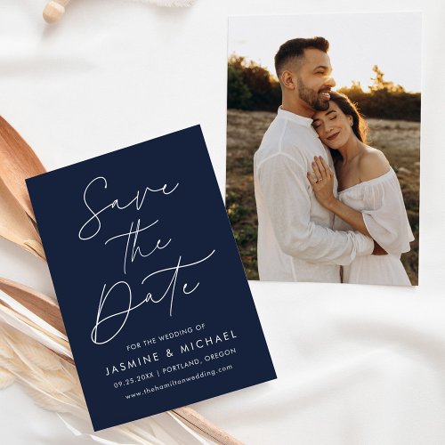 Modern Script Navy Photo Save The Date