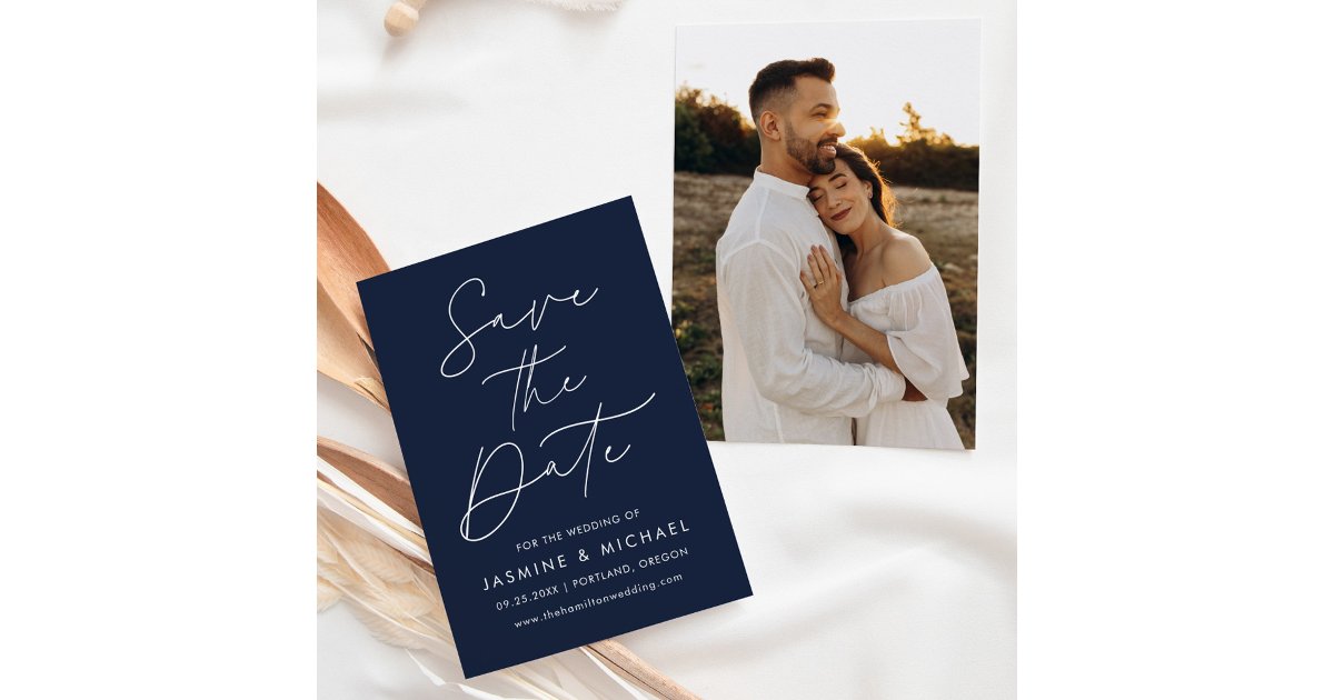 Modern Script Navy Photo Save The Date | Zazzle