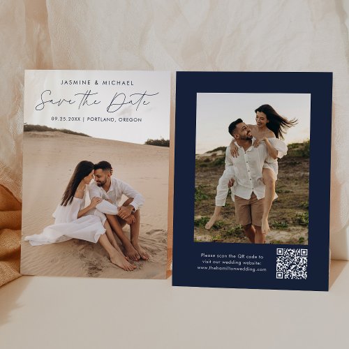 Modern Script Navy QR Code 2 Photo Save The Date