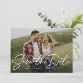 Modern script navy save the date photo card (Standing Front)