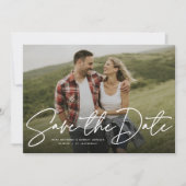 Modern script navy save the date photo card (Front)