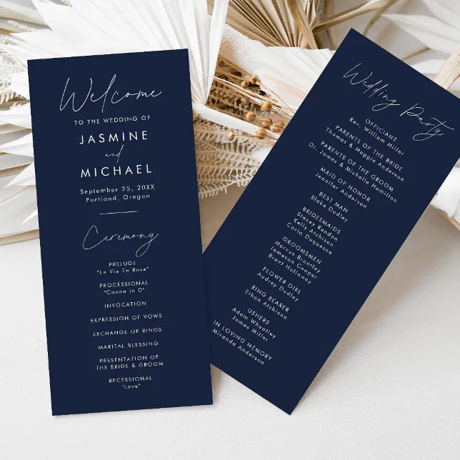 Modern Script Navy Wedding Program | Zazzle