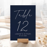 Modern Script Navy Wedding Table Number Card<br><div class="desc">Simple, modern wedding table number cards featuring "Table" displayed in a handwritten white script with a navy background (or a color of your choosing). To order the navy wedding table cards: add your name, wedding date, and table number. Each number needs to be added to your cart individually. After you...</div>