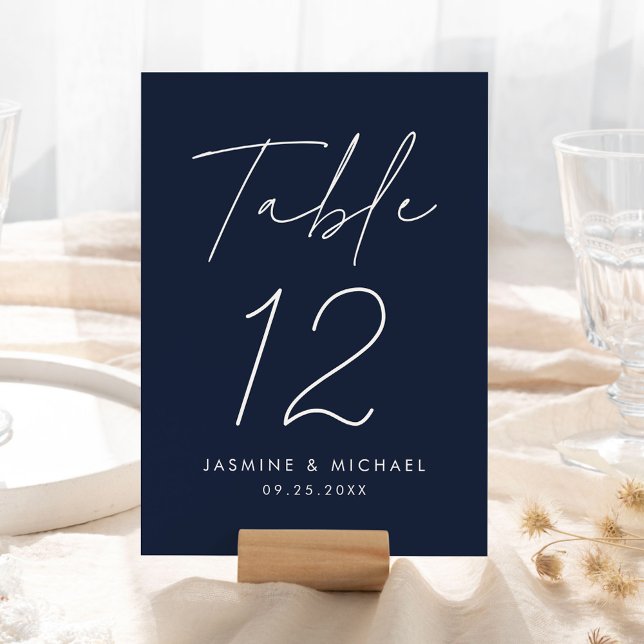 Modern Script Navy Wedding Table Number Card (Creator Uploaded)