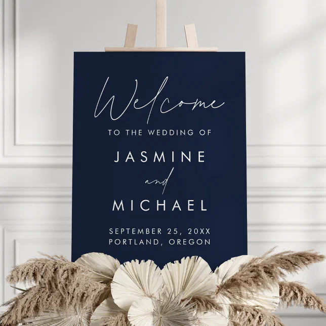 Modern Script Navy Wedding Welcome Sign | Zazzle