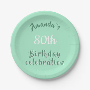 Modern Script Neo Mint 80th Birthday Party Paper Plates