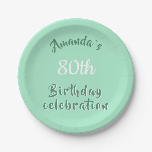 Modern Script Neo Mint 80th Birthday Party Paper Plates (Front)
