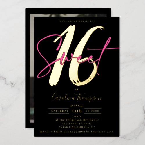 Modern script neon pink photo Sweet 16 gold Foil Invitation