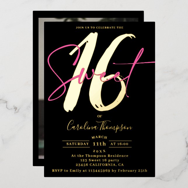 Modern script neon pink photo Sweet 16 gold Foil Invitation (Front/Back)