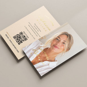 Modern Script Neutral Beige QR Code Photo Gold Foil Business Cards
