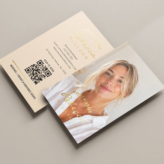 Modern Script Neutral Beige QR Code Photo Gold Foil Business Cards