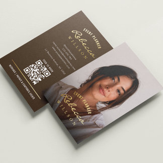 Modern Script Neutral Brown QR Code Photo Gold Foil Business Cards