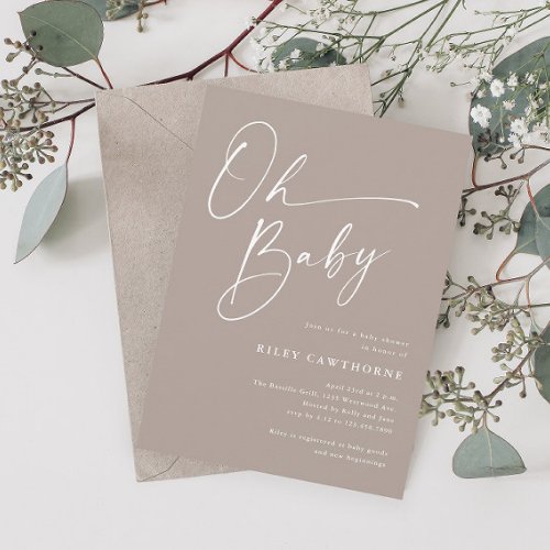 Modern Script Neutral Oh Baby Shower Invitation