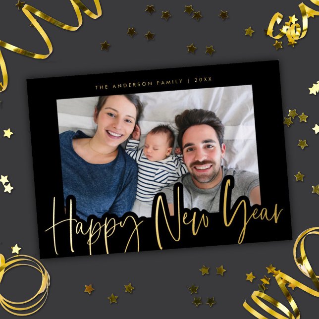 Modern Script New Year Photo Black Gold Foil Holiday Card (Creator Uploaded)
