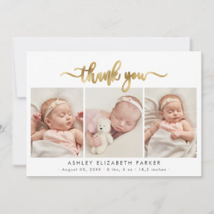 Modern Script Newborn Baby 3 Photo Thank You Card