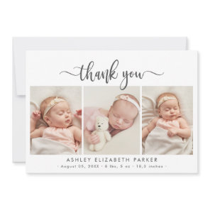 Modern Script Newborn Baby 3 Photo Thank You Card