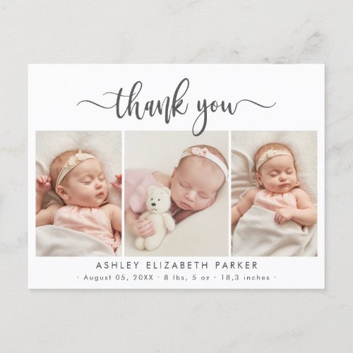 Modern Script Newborn Baby Photo Collage Thank You Postcard