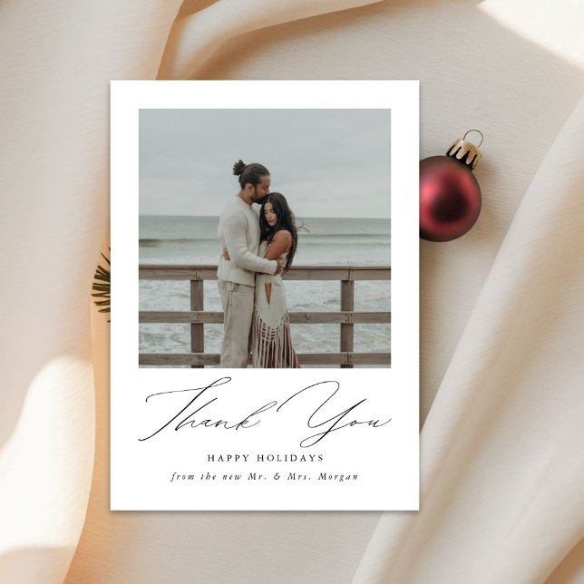 Modern Script Newlywed Holidays Beach Photo Thank You Card (Creator Uploaded)