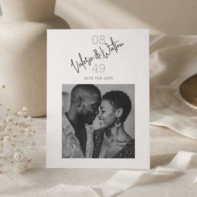 Modern Script Numeric Date Black and White Photo Save The Date (Creator Uploaded)