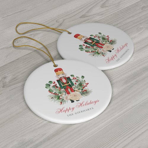 Modern Script Nutcracker Happy Holidays Ceramic Ornament