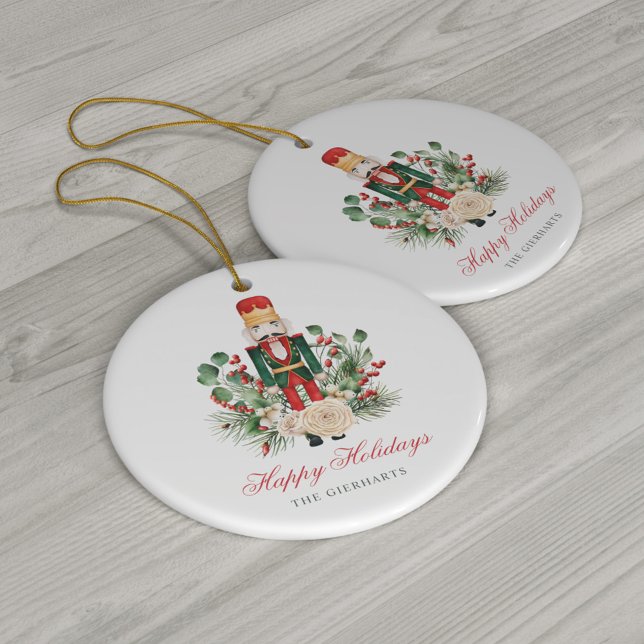 Modern Script Nutcracker Happy Holidays Ceramic Ornament (Christmas Nutcracker Happy Holidays Floral Ceramic Ornament Tree Decoration)
