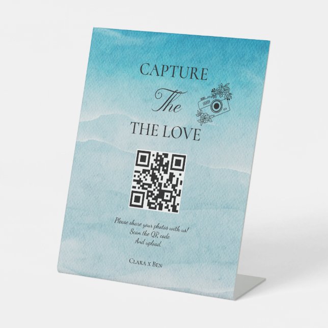 Modern Script Ocean Blue Capture The Love QR code Pedestal Sign (Front)