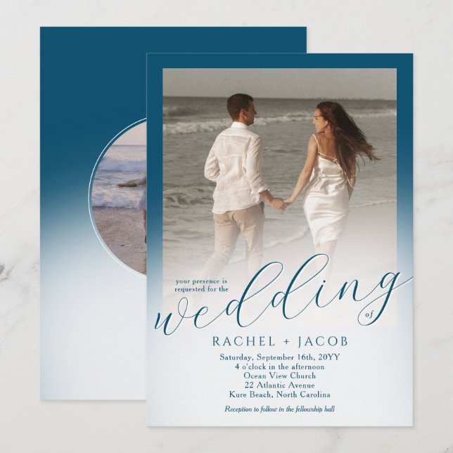 Modern Script Ocean Blue Ombre Photo Wedding Invitation (Front/Back)