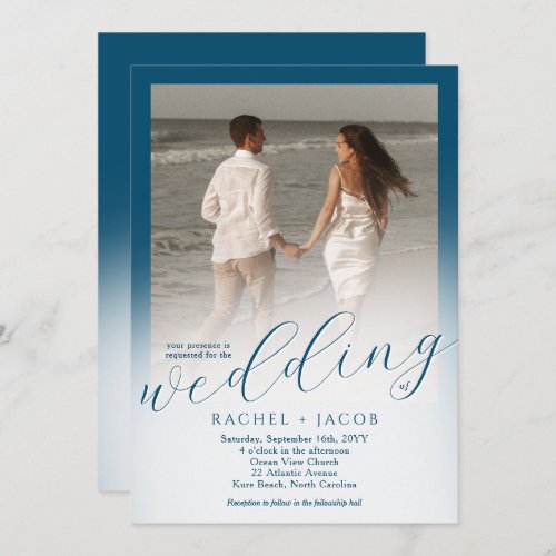 Modern Script Ocean Blue Ombre Photo Wedding Invitation