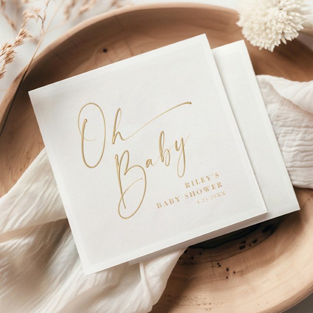 Modern Script Oh Baby Shower Foil Napkins (Elegant modern gold foil script baby shower napkin.)