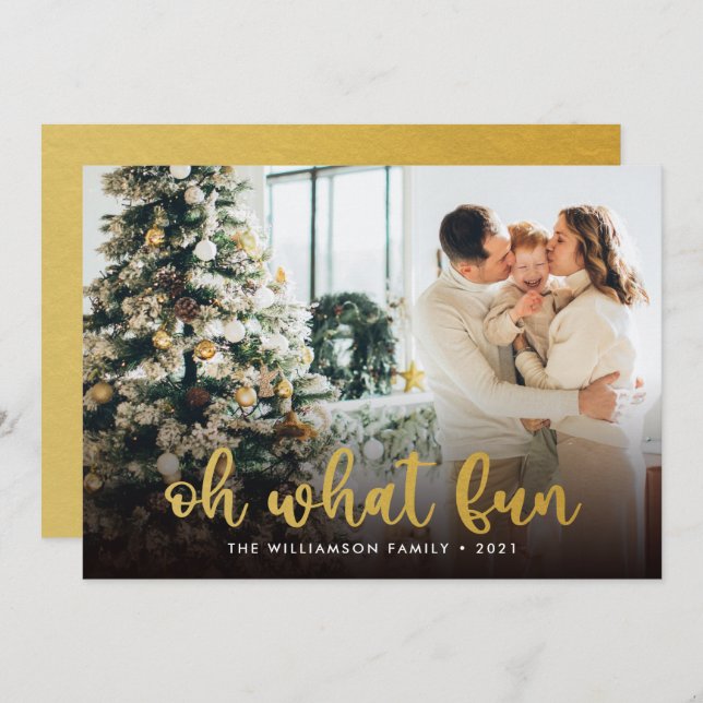 Modern Script Oh What Fun Photo Christmas Card  (Front/Back)