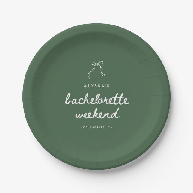 Modern Script Olive Green Coquette Bachelorette Paper Plates (Front)
