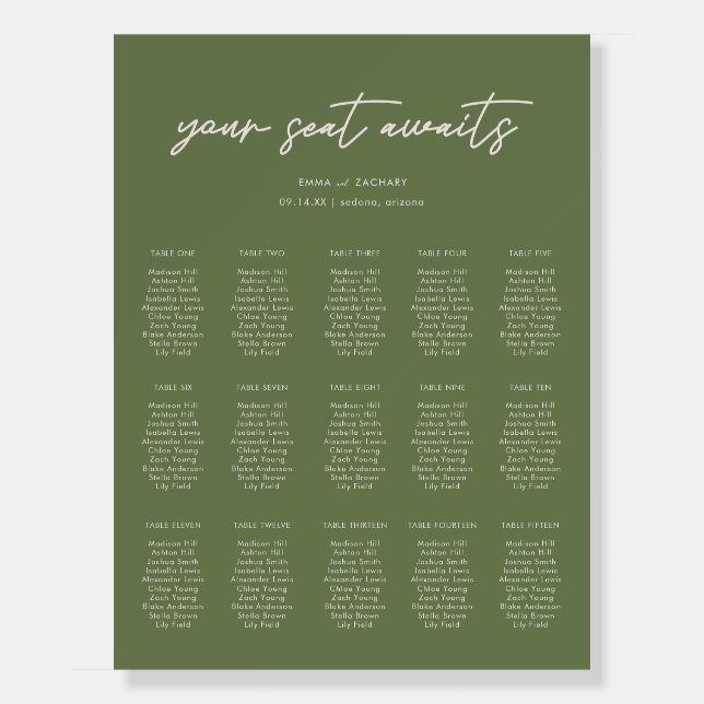 Modern Script Olive Green Seating Chart Foam Board (Front)