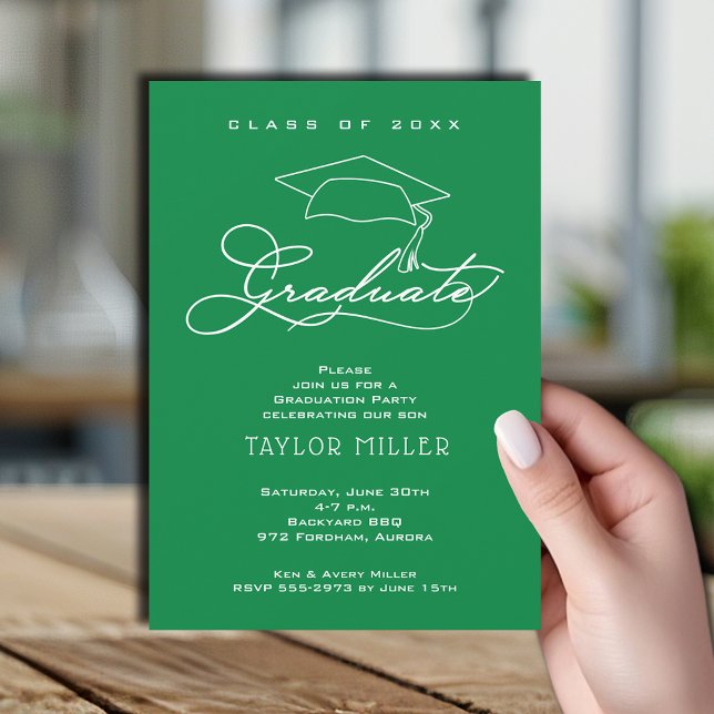 Modern Script on Bright Green Graduation Invitation (Elegant white script and grad hat green graduation party invitations)