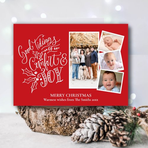 Modern Script on Red Good Tidings of Comfort  Joy Holiday Card