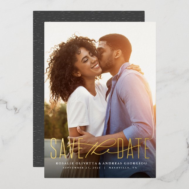 Modern script one photo vertical save the date foil invitation (Front/Back)