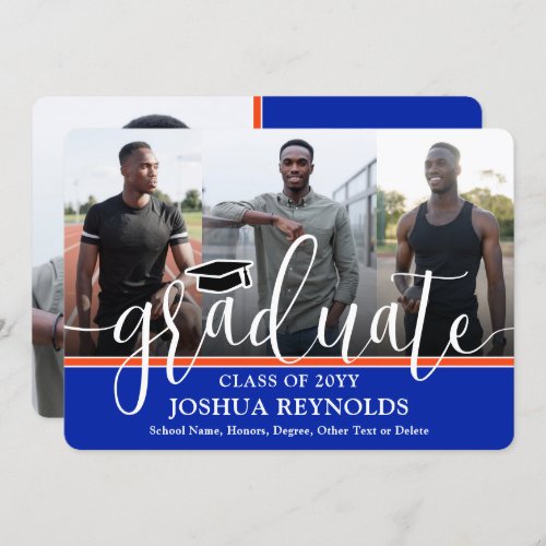 Modern Script Orange and Blue 4 Photo Graduation Announcement