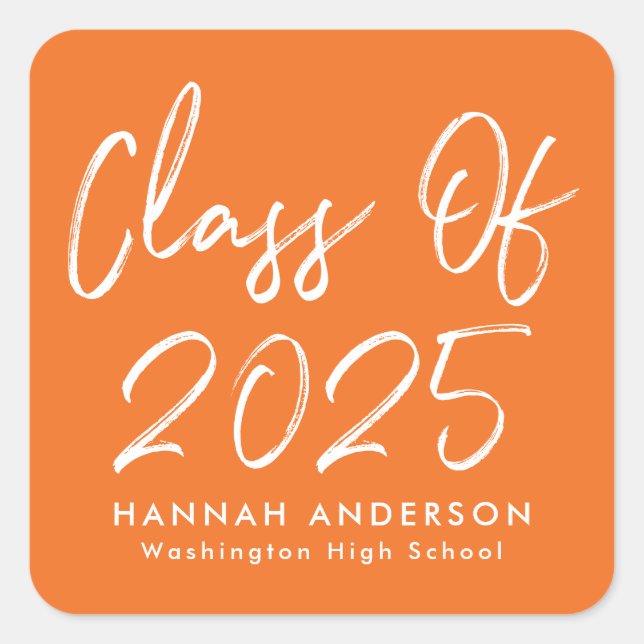 Modern Script Orange Class of 2025 Graduation Square Sticker (Front)