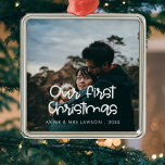 Modern script Our First Christmas wedding photo Metal Ornament<br><div class="desc">A modern typography for this photo ornaments collection. To customize with your favorite picture. You can also easily change the color of the font to your liking.</div>